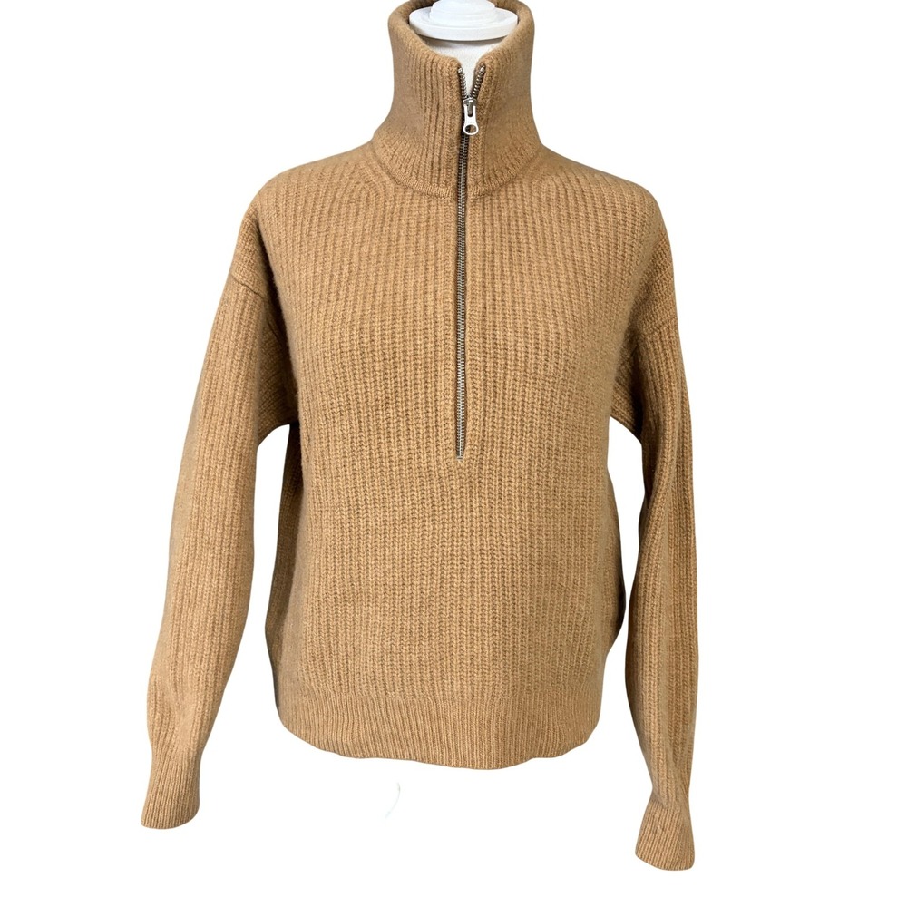 Everlane Sweater Womens XS Brown 100% Wool Mock Neck 1/2 Zip Knit Pullover